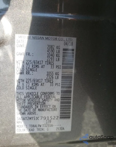 2018 Nissan Rogue S z USA, uszkodzony, nr VIN 5N1AT2MT5JC791522